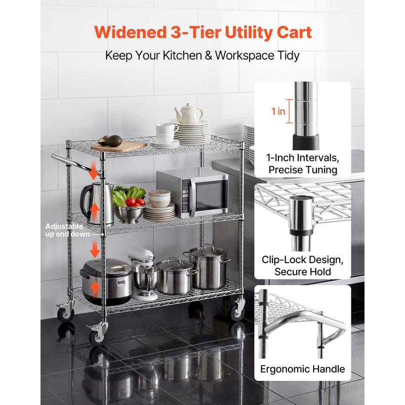 Commercial Kitchen On Wheels - Kitchen Utility Cart, 3 Tier Heavy