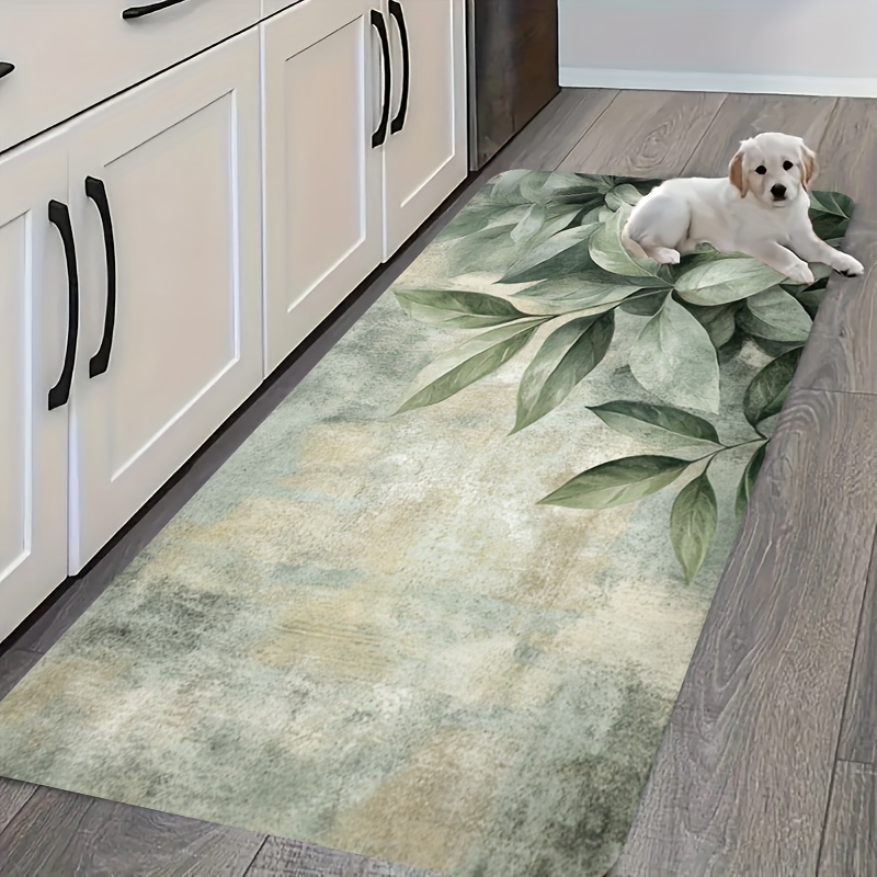 Commercial Kitchen Background - Green Leaf Plant Pattern Kitchen Carpet