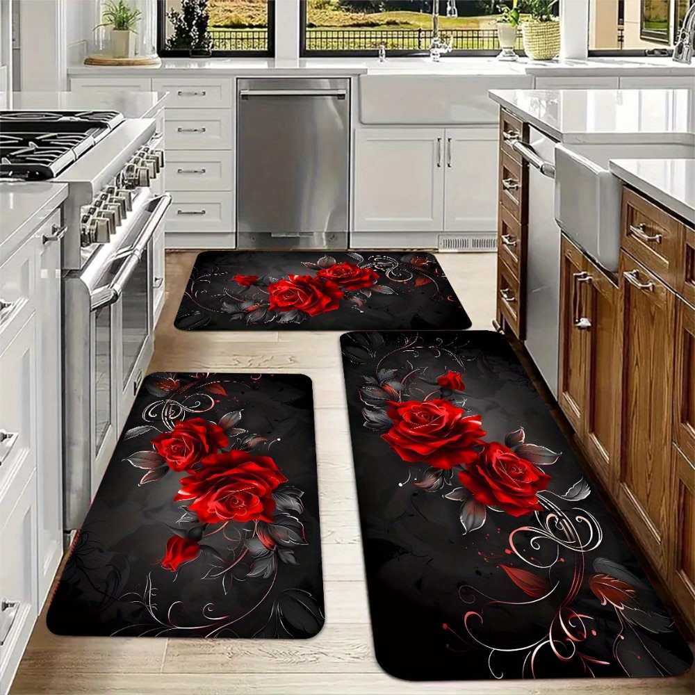 Commercial Kitchen Background - Red Rose Black Background Kitchen Mat